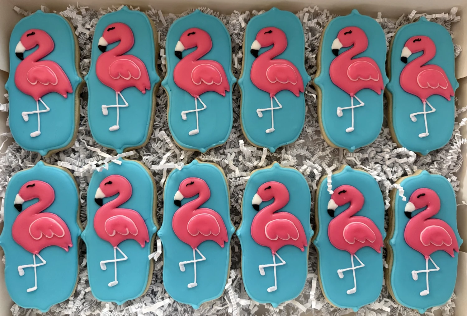 Flamingo cookies showing Kristin’s detailed design work